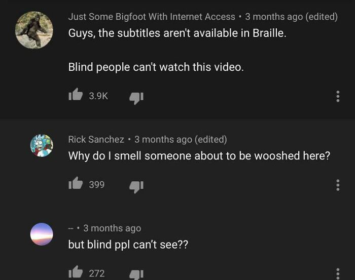 Comments showing people missing the joke about subtitles not being available in Braille, illustrating embarrassing moments.