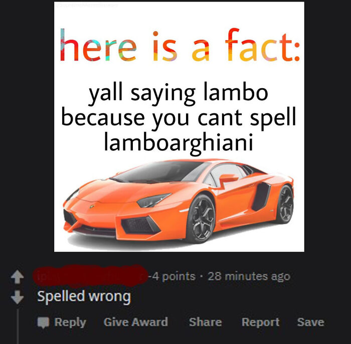 Meme showing someone missing a joke about spelling Lamborghini, highlighting people who missed the joke embarrassingly.