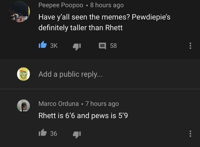 Comments showing people missed the joke about Pewdiepie and Rhett's heights, becoming the joke themselves online.
