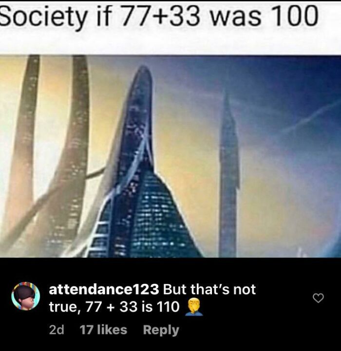 Futuristic cityscape labeled with incorrect math statement, showing a comment missing the joke embarrassingly as the main focus.