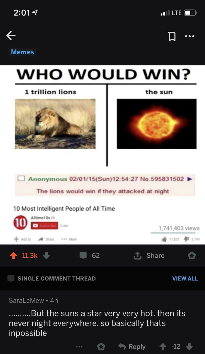 Screenshot of a meme where someone embarrassingly misses the joke about a hypothetical lion versus sun battle.