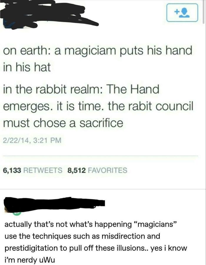 Tweet humor about a magician and rabbit council followed by an embarrassingly missed joke explanation comment.