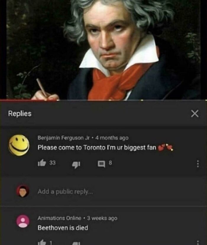 Portrait of Beethoven paired with a comment where someone embarrassingly missed the joke in online replies.