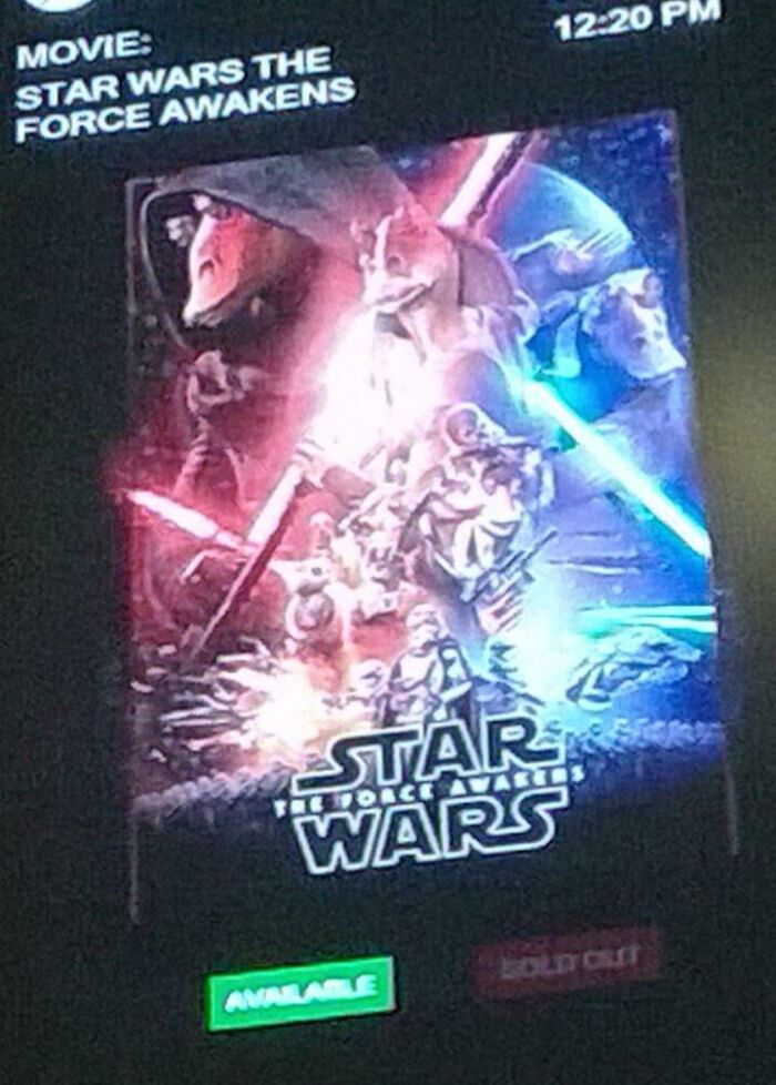 Movie poster of Star Wars The Force Awakens shown on a screen with availability status, illustrating funny advertising fails.