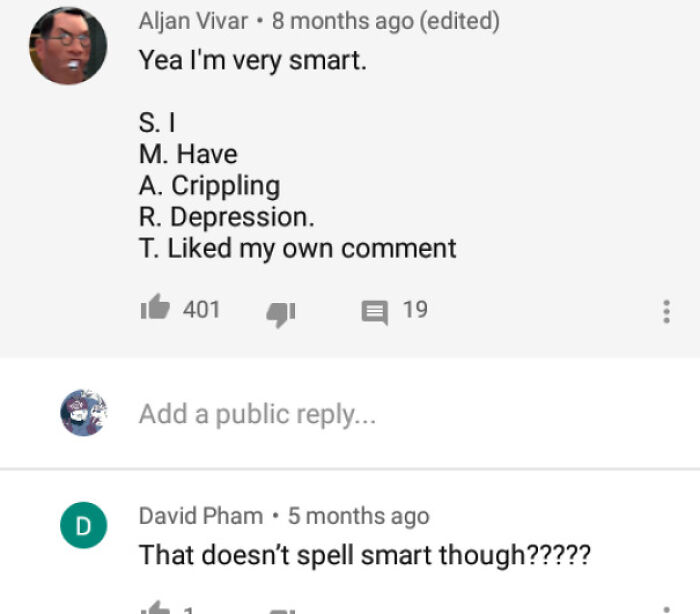 Comment claiming to be smart with an acronym joke, followed by a reply missing the joke, illustrating missed jokes humor.