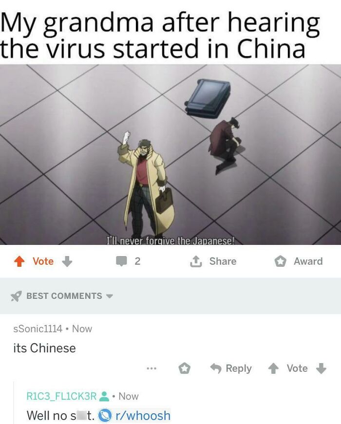 Anime characters in a scene with a comment pointing out a missed joke about the virus origin, highlighting people missing the joke.