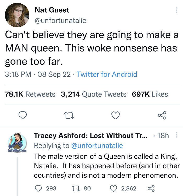 Screenshot of a tweet and reply illustrating people missing the joke embarrassingly and becoming the joke themselves.