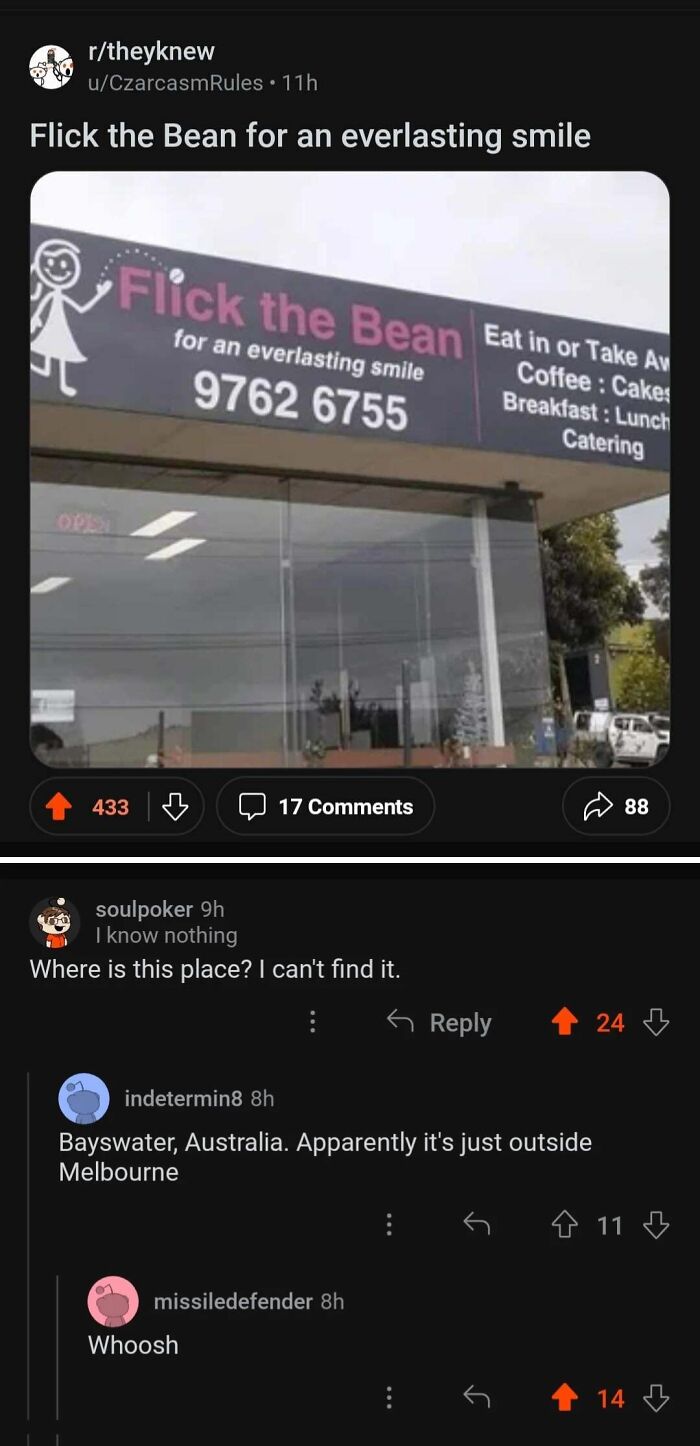 Screenshot of a coffee shop sign with a funny name and Reddit comments showing people missing the joke embarrassingly.