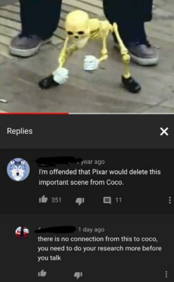 Yellow skeleton figure on all fours in shoes with a YouTube comment thread showing missed joke reactions.