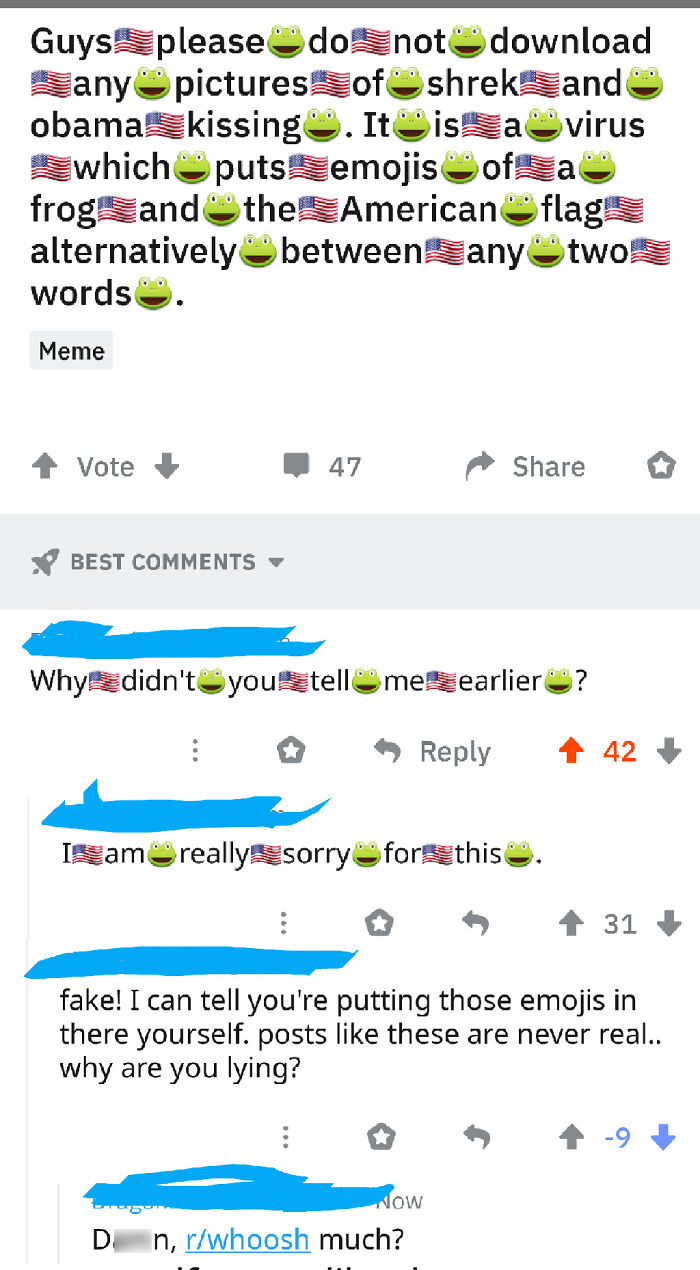 Screenshot of a funny internet comment thread where people missed the joke involving frog and flag emojis.