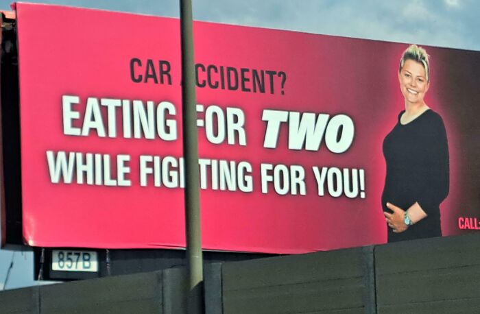 Billboard ad showing a pregnant woman with a slogan about eating for two, highlighting funny advertising fails.