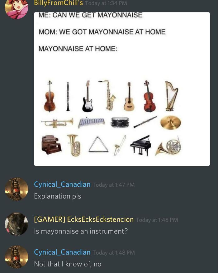 Discord chat showing a joke about people missing the joke and confusing mayonnaise with musical instruments.