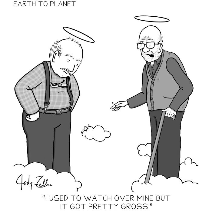 Two elderly men with halos standing on clouds in a funny Earth to Planet comic about watching over others.