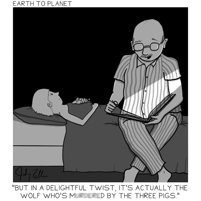Comic from Earth To Planet series showing a man reading a book to a child in bed, funny earth to planet comic style.