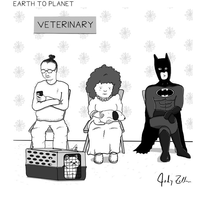 Comic panel from Earth To Planet series showing funny veterinary waiting room scene with people and pets.