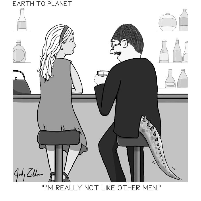 Man with a dinosaur tail sitting at a bar talking to a woman in a funny Earth To Planet comic strip.