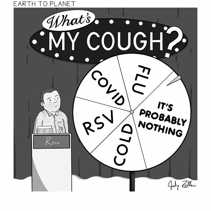 Man named Ron standing next to a spinning wheel labeled with cough causes in a funny Earth to Planet comic.