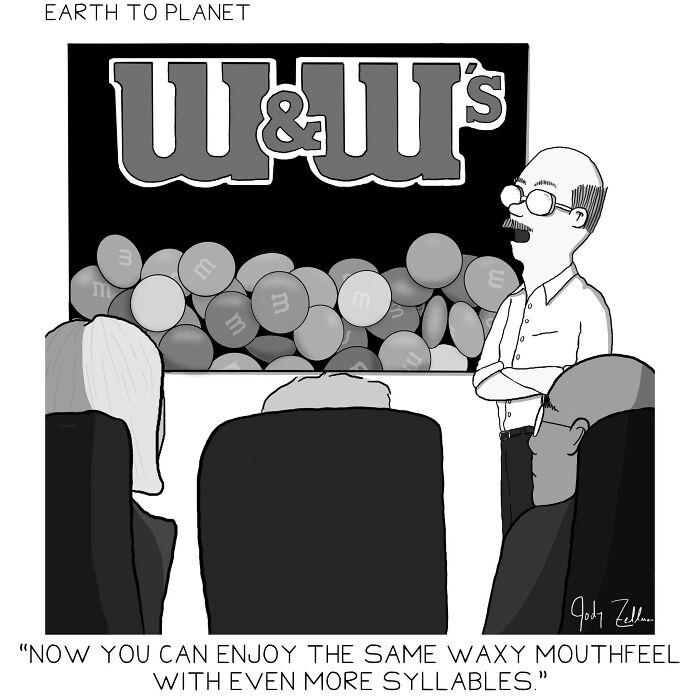 Cartoon from Earth to Planet comics showing people watching a man discuss a W&W's candy machine with humor.