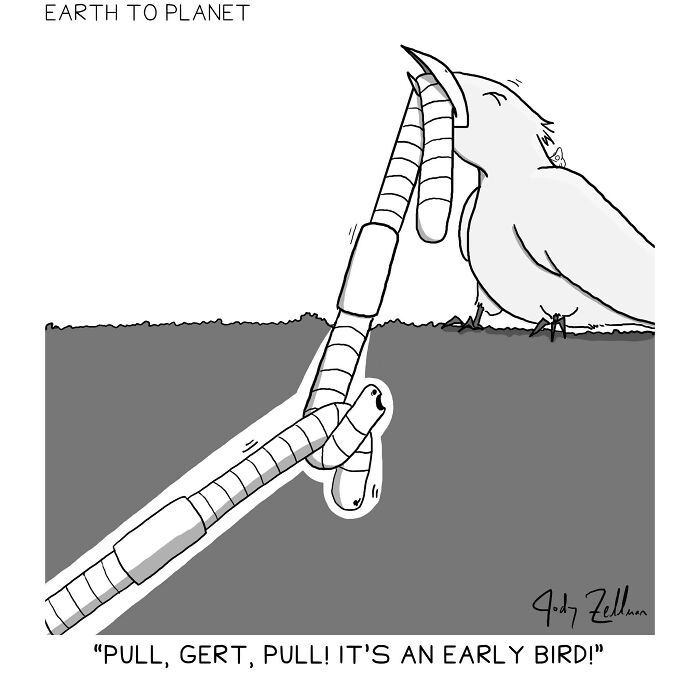 Cartoon featuring earthworm and bird in a funny earth to planet comic style boosting mood.