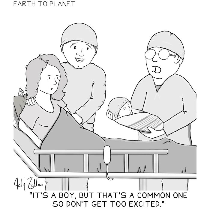 Black and white Earth to Planet comic showing new parents and doctor with newborn son delivering a humorous line about common boys.