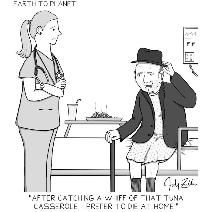 Black and white funny Earth to Planet comic showing a nurse and an elderly patient talking about tuna casserole in a hospital room.