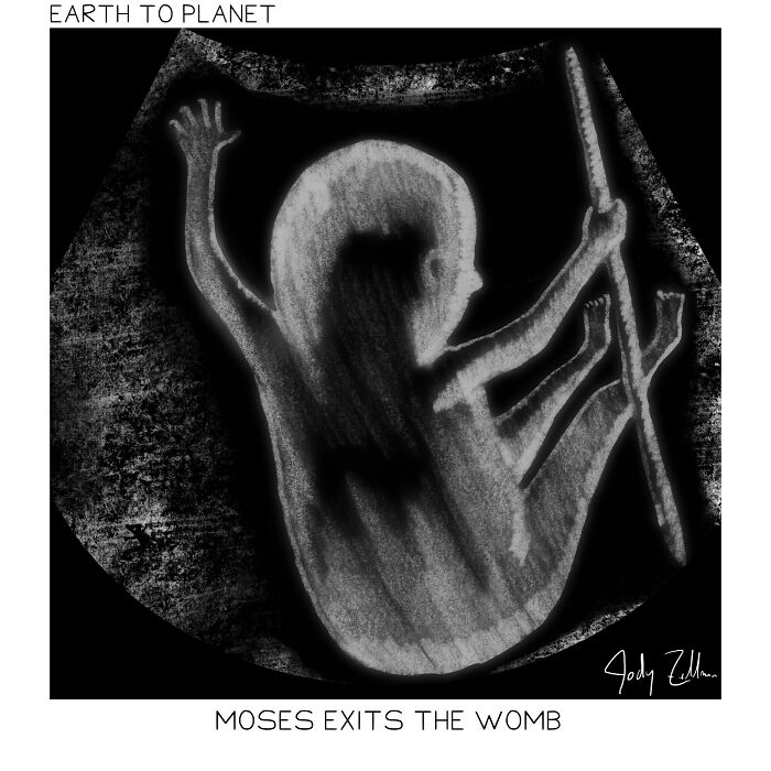 Black and white Earth to Planet comic illustration showing a fetus named Moses exiting the womb with a humorous tone.