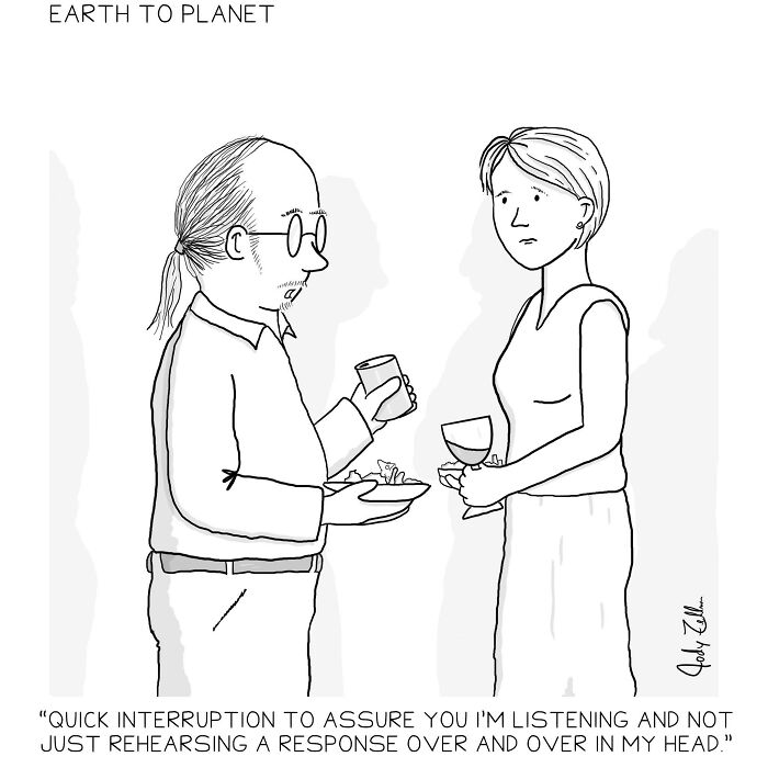 Two people at a party holding drinks in a funny Earth to Planet comic about listening and conversation.