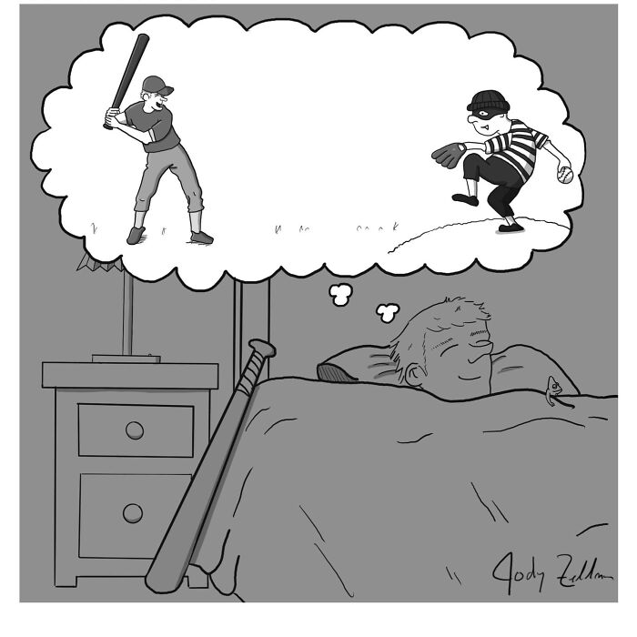 Man dreaming of playing baseball while sleeping in bed with bat leaning against nightstand in funny comic style