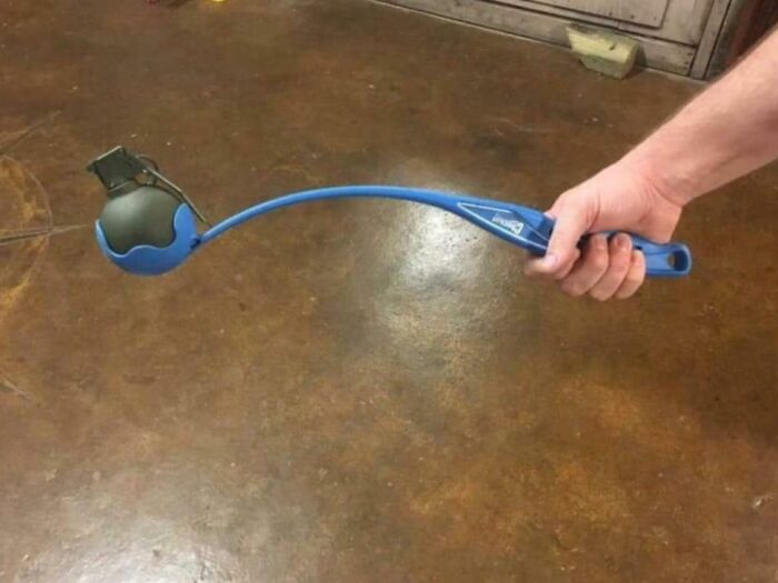 Hand holding a curved back scratcher with a ball that looks like a g*****e in a rare coincidence photo.