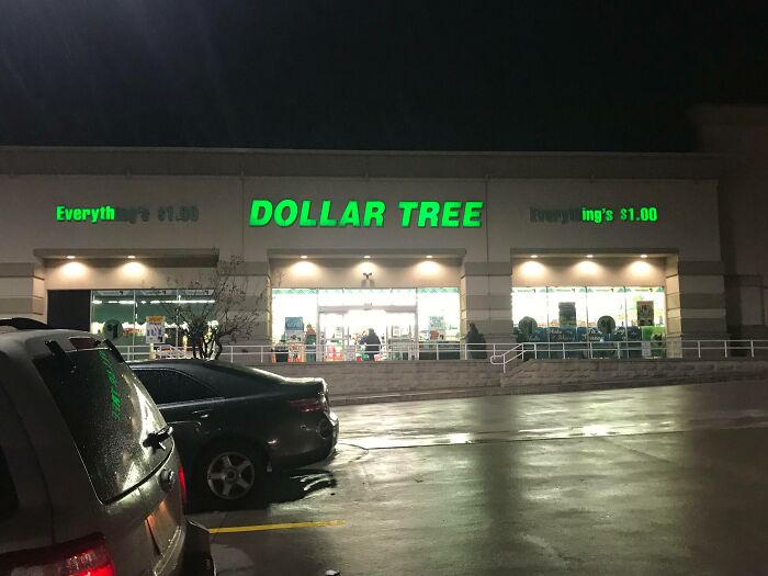 Dollar Tree store sign lit up at night showing a rare coincidence with partial words illuminated unevenly.