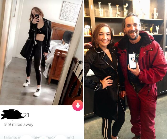 Woman wearing black outfit with white stripes matches man’s photo on phone, showing rare coincidences captured in real life.
