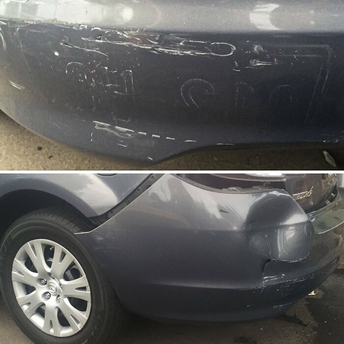 Close-up photos of a car bumper with rare coincidences in the damage that look like hidden shapes and faces.