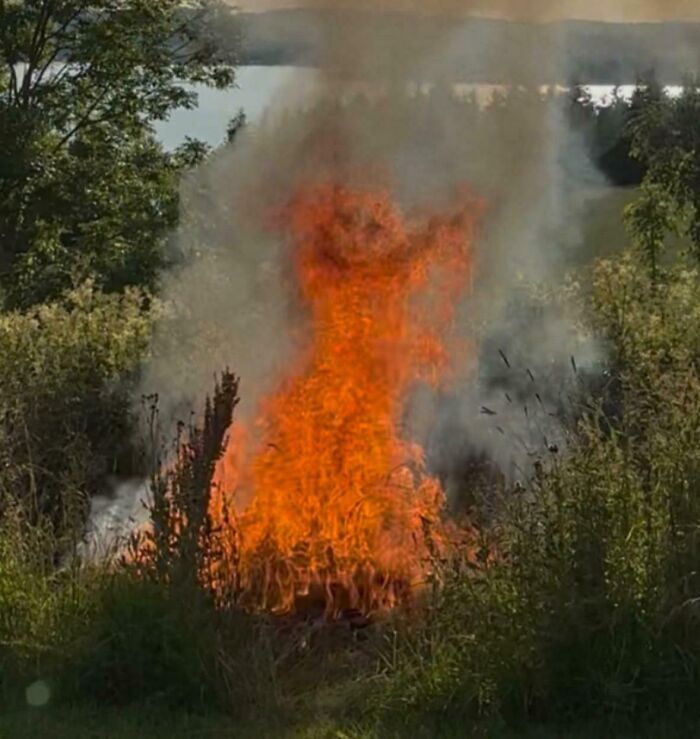 Bright orange fire in a grassy area with smoke rising, showcasing rare coincidences captured in a natural outdoor setting.