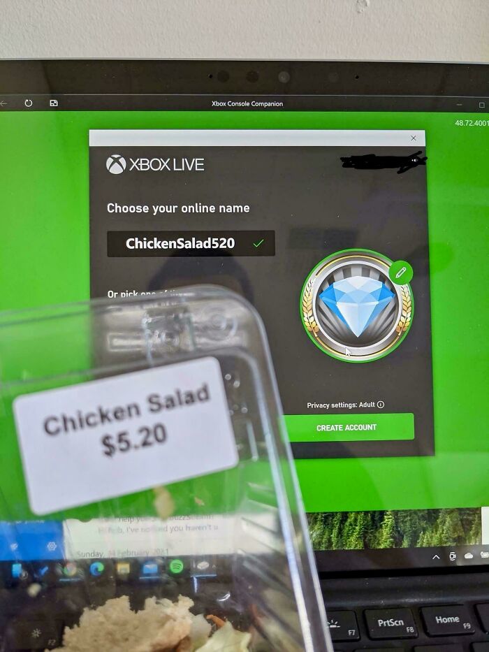 Xbox Live screen showing online name ChickenSalad520 matching a chicken salad food label, illustrating funny ways people learned.
