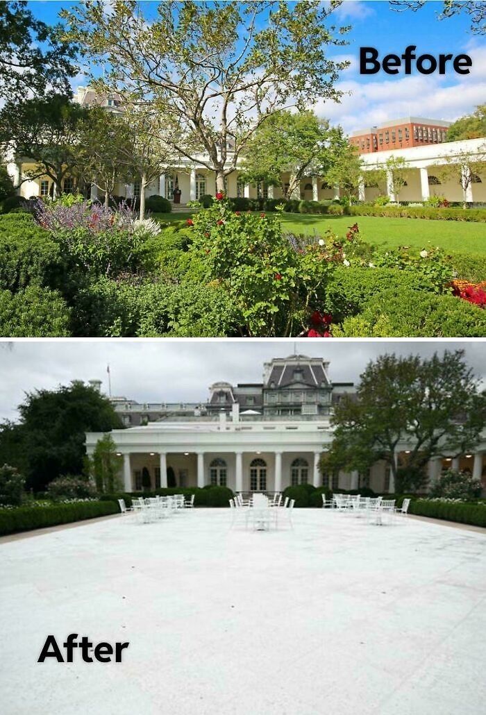 Before and after images showing a garden replaced with a large concrete patio, illustrating facepalm moments in basic logic.