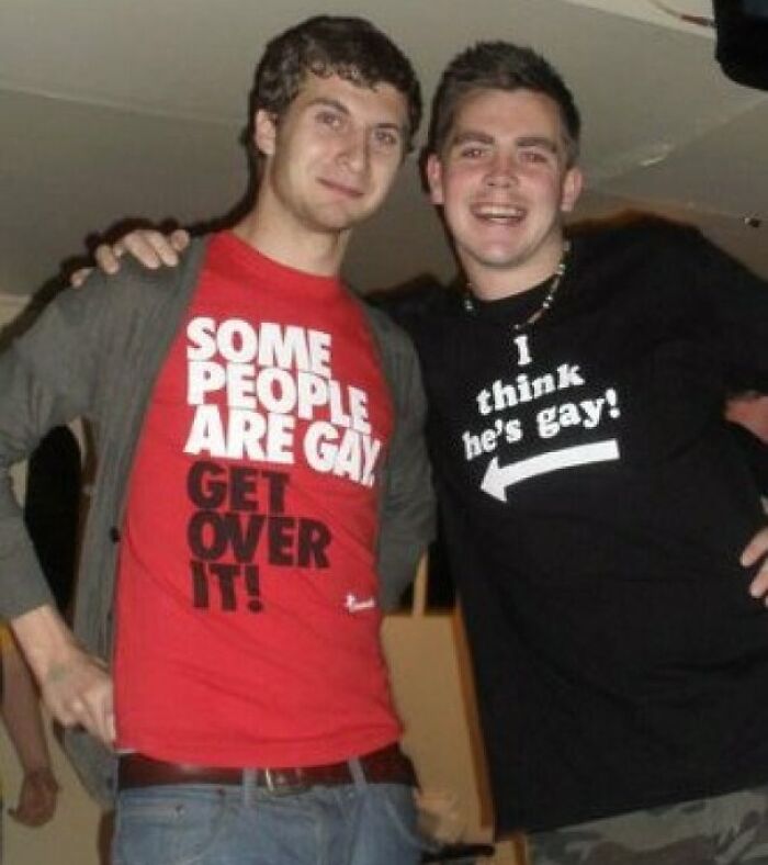 Two men wearing humorous shirts showing a rare coincidence you’d think were photoshopped but aren’t.