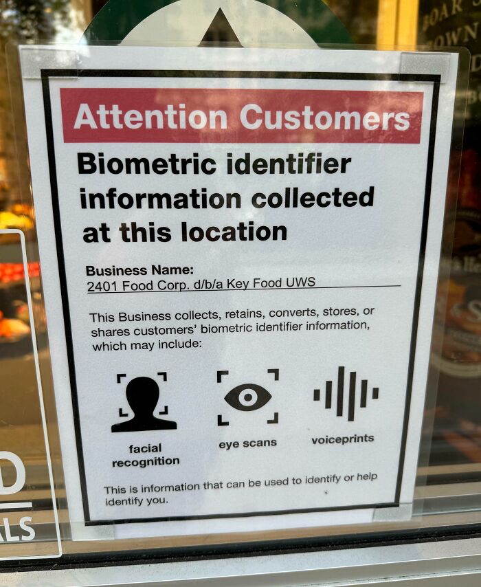 Notice about biometric identifier information collected at a location including facial recognition, eye scans, and voiceprints.