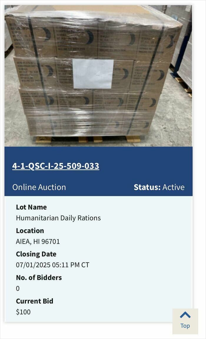 Pallet of humanitarian daily rations wrapped in plastic, linked to photos that make you wonder point of no return.
