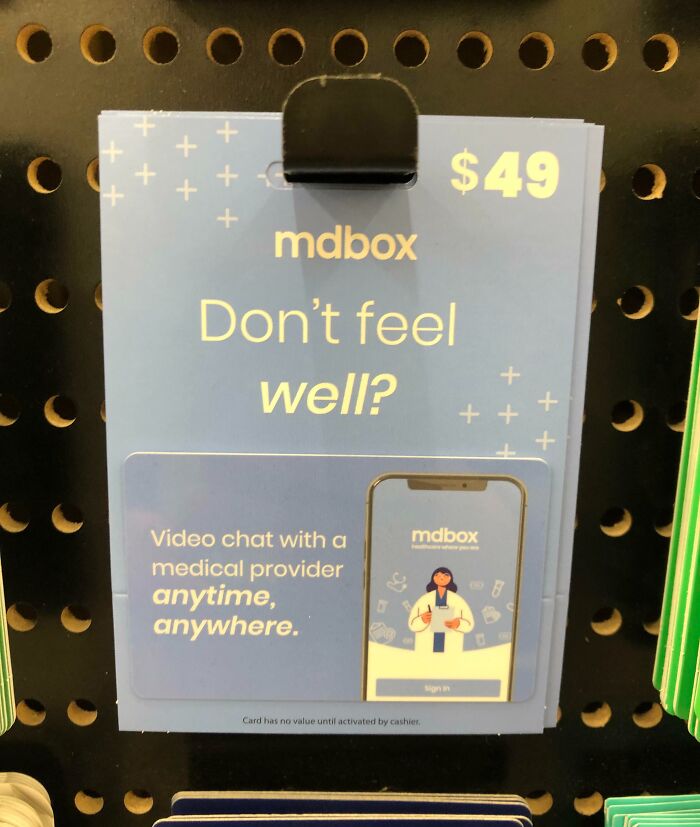 Photo card for mdbox telemedicine service priced at $49, enabling video chat with medical providers anytime, anywhere.