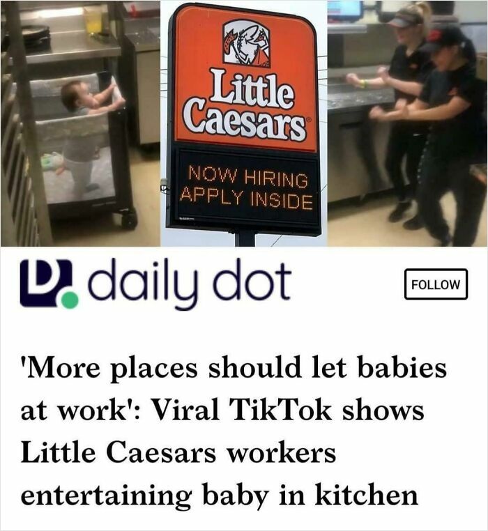 Baby being entertained by Little Caesars workers in a kitchen, illustrating unexpected moments beyond the point of no return.