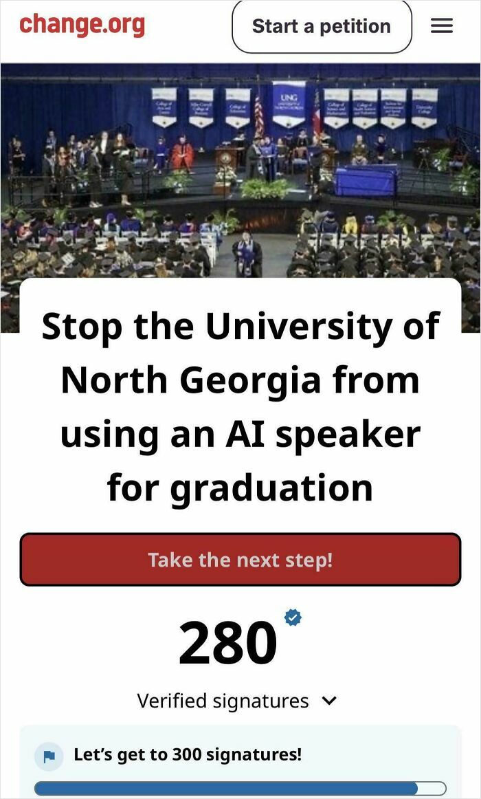 Petition webpage showing opposition to AI speaker at University of North Georgia graduation with verified signatures count.