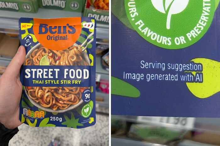 Packaged Thai style stir fry noodles held by hand in grocery store aisle, raising questions about AI-generated food images.