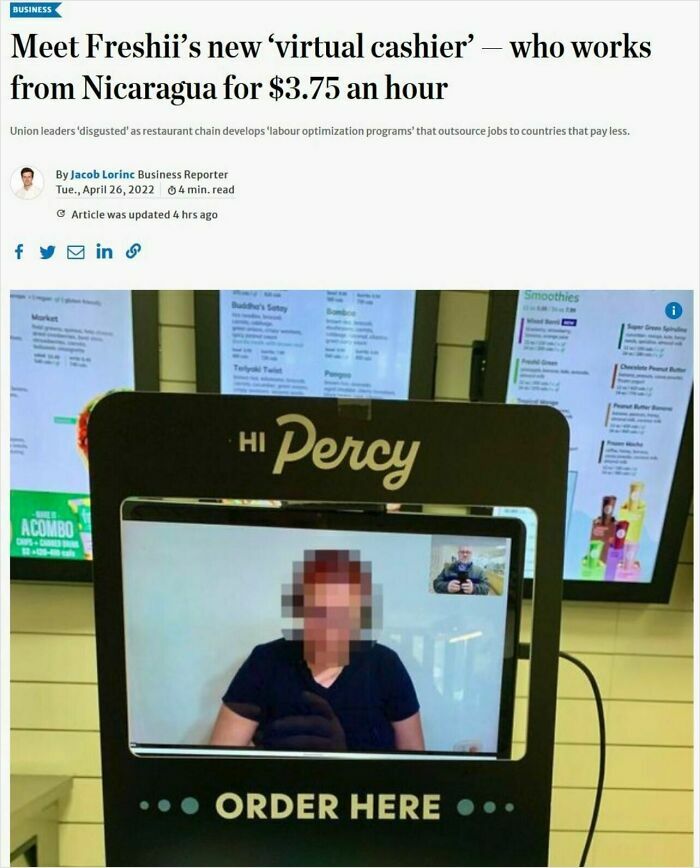 Virtual cashier screen with pixelated worker from Nicaragua taking orders in a remote labor optimization program.