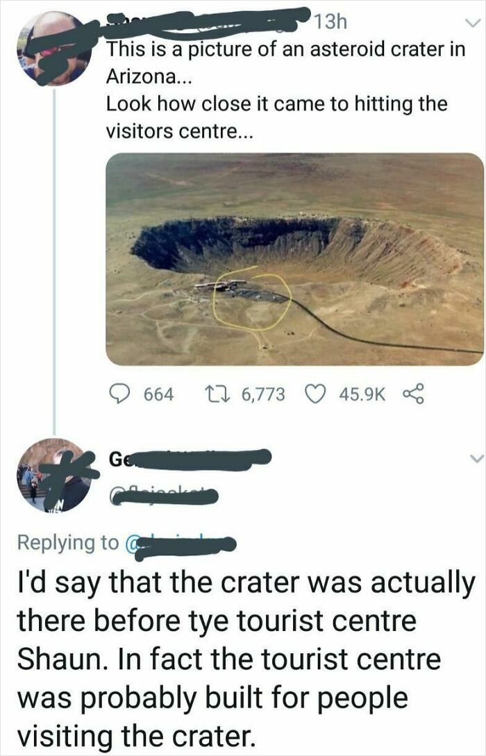 Twitter conversation showing a crater photo with a user missing the joke, illustrating people missing the joke embarrassingly.
