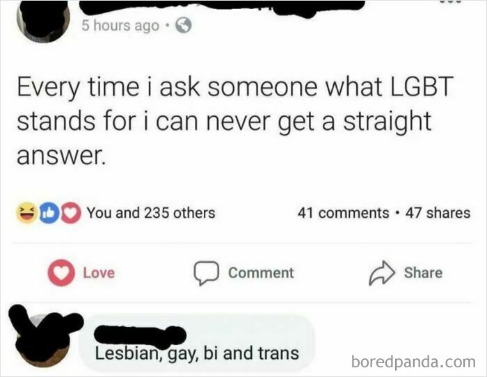Screenshot of a social media post where someone humorously misses the joke about the meaning of LGBT terms.