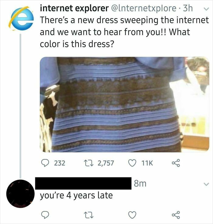 Tweet showing the famous internet dress debate with a user missing the joke, illustrating people missing jokes embarrassingly.