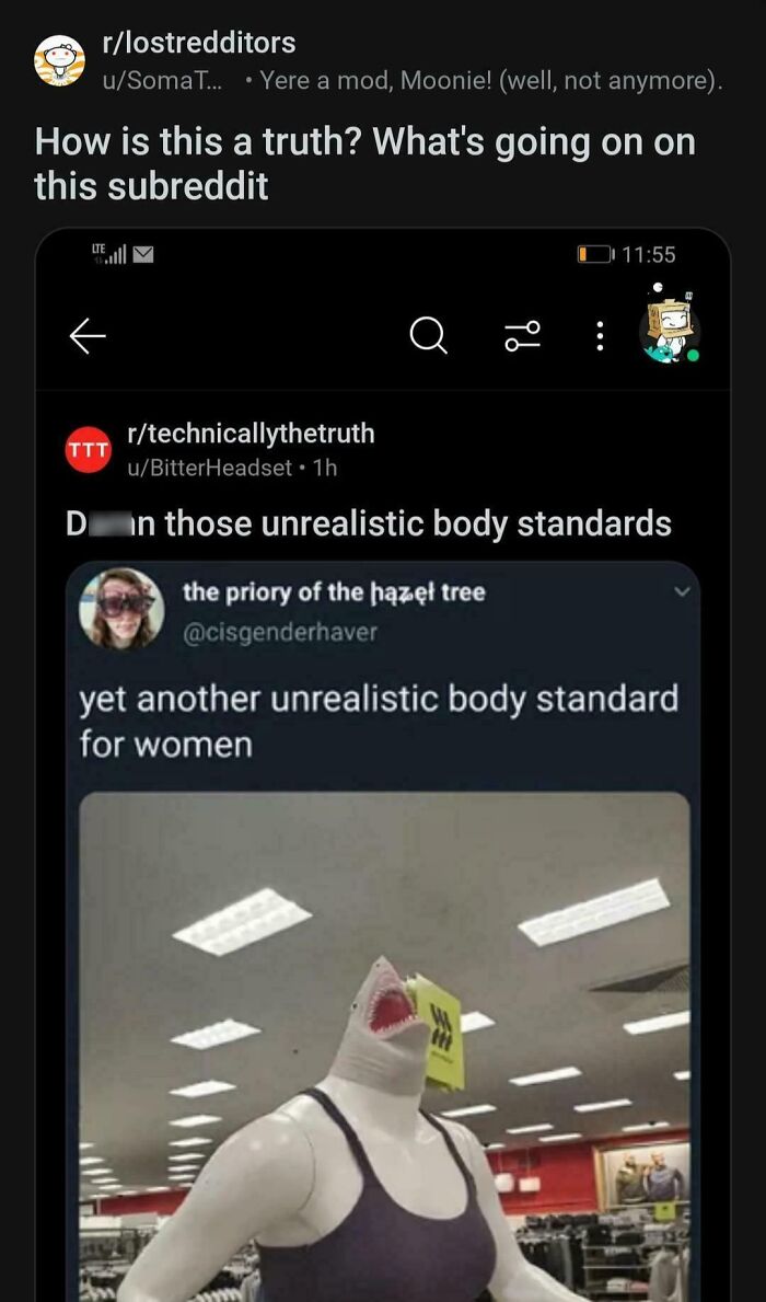 Reddit post showing a shark-headed mannequin as an unrealistic body standard, highlighting missed joke moments.