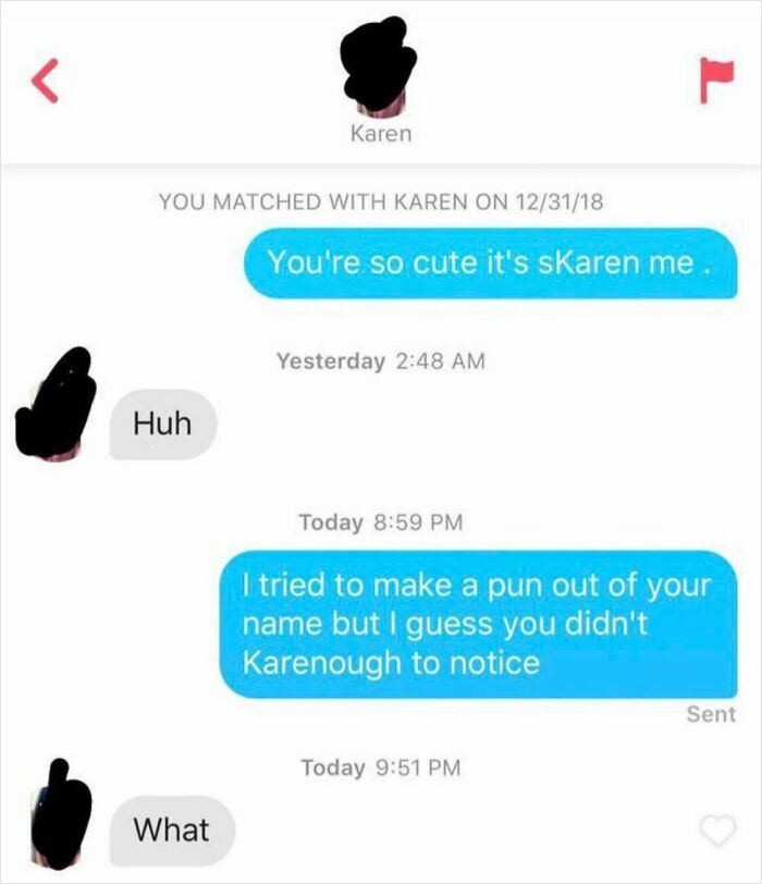 Text message conversation where one person makes a pun using Karen's name, showing people missed the joke embarrassingly.