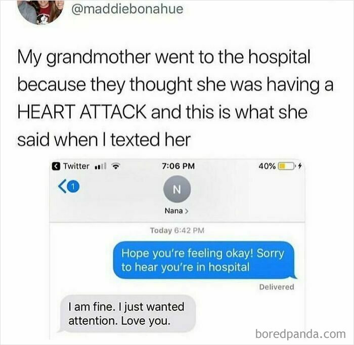 Text message exchange showing a humorous medical meme about a grandmother’s heart attack scare and wanting attention.