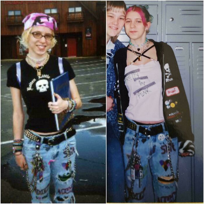Two people wearing distressed jeans and punk-inspired outfits, showcasing fashion styles from their regrettable past pics.